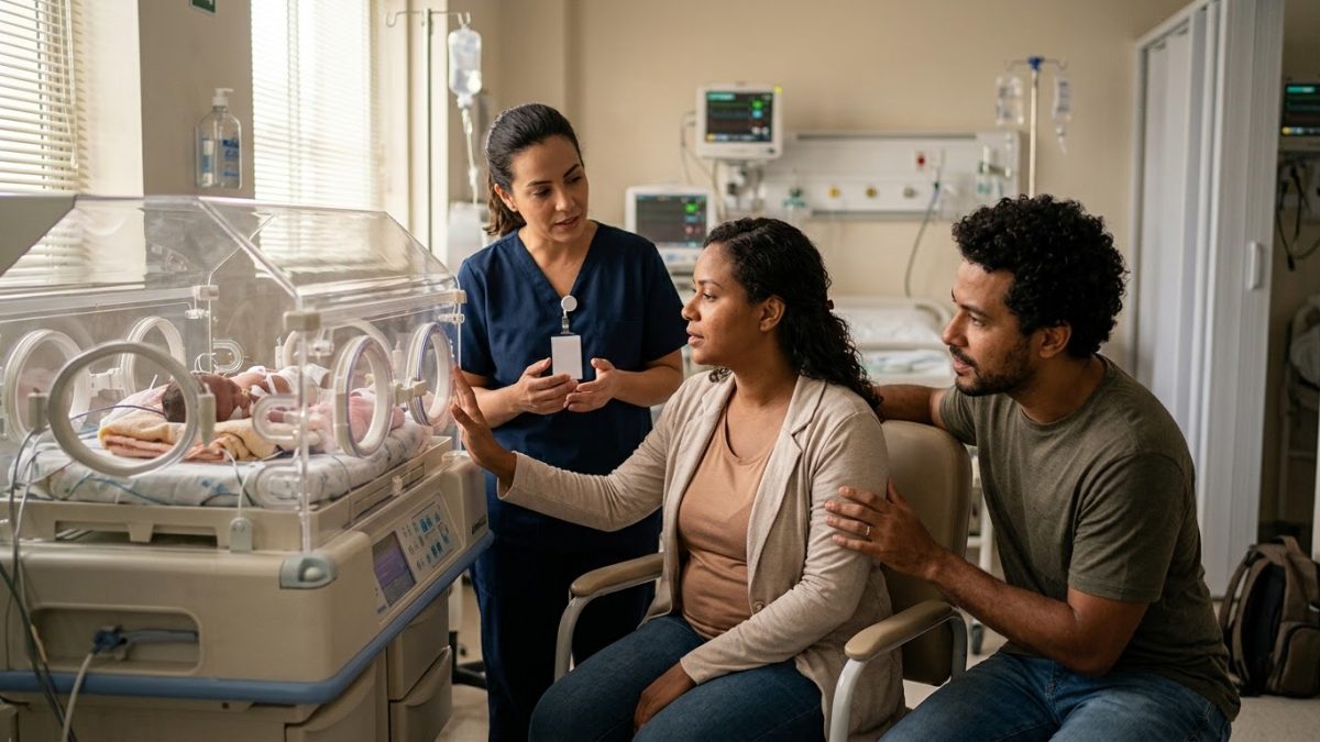 Uma mãe sentada ao lado de uma incubadora numa UTI neonatal, com a mão apoiada no acrílico, e uma enfermeira explicando algo com calma
