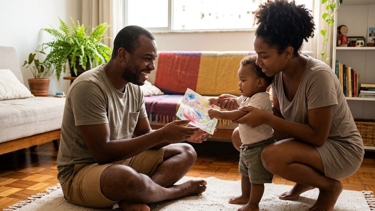 Pai sentado no chão recebendo de presente um cartão desenhado à mão, que a mãe ajuda o bebê a entregar