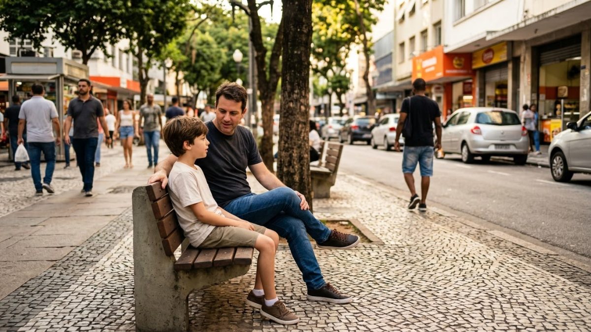 Pai e filho de 11 anos sentados num banco da cidade, conversando e olhando juntos a rua movimentada, com pessoas diversas passando