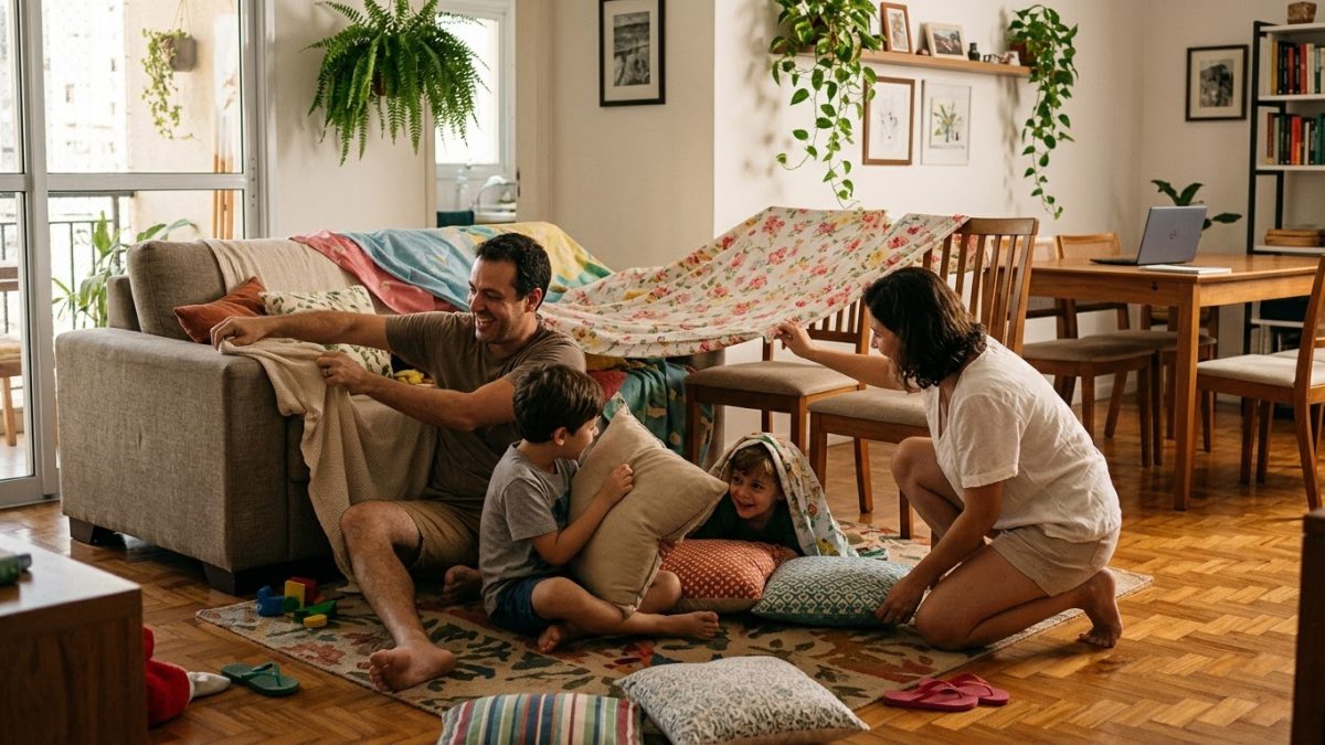 Pais e filhos montam uma cabana de lençóis na sala de casa