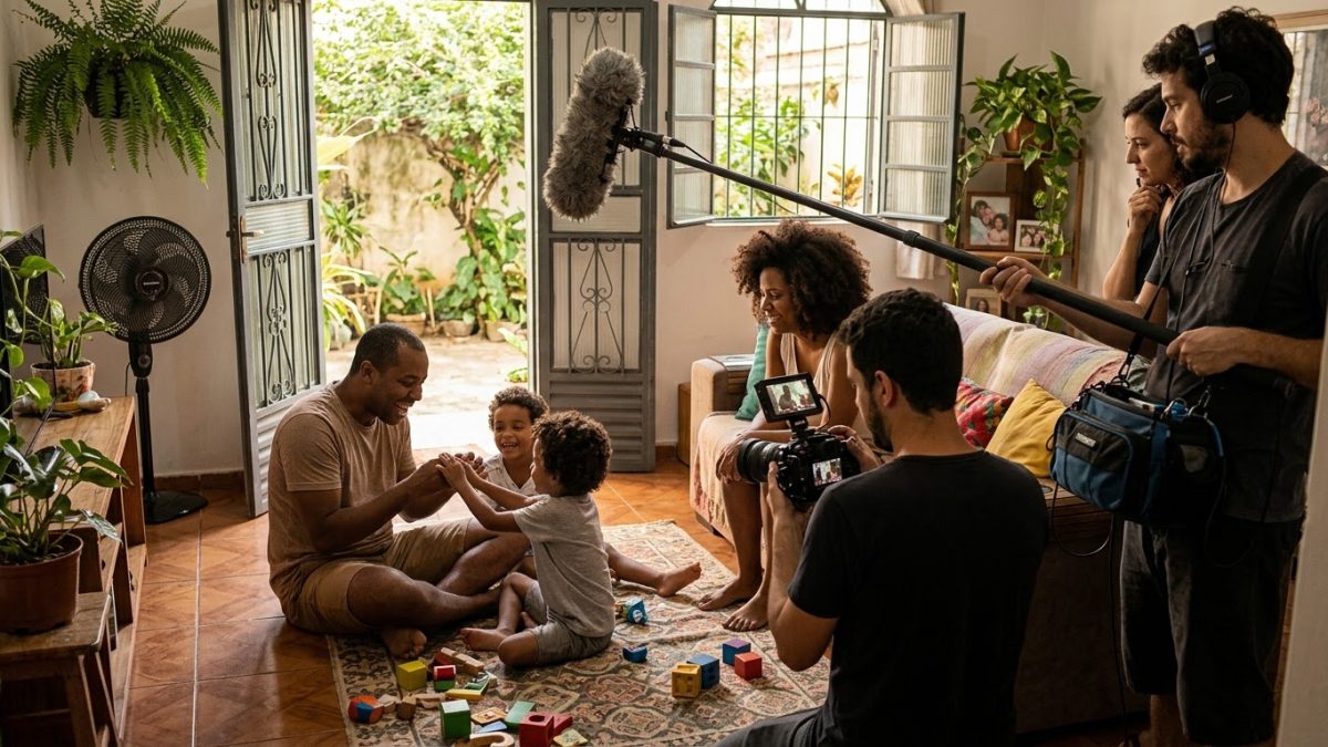 Pai sendo filmado por uma pequena equipe de documentário em casa enquanto brinca com os filhos, com câmera e microfone visíveis
