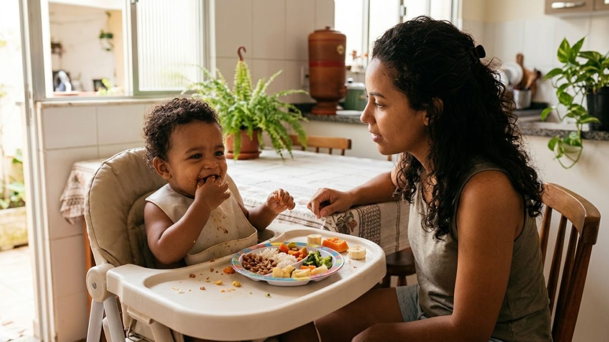 Bebê de 1 ano comendo com as mãos um prato colorido de arroz, feijão, legumes e frutas, na cadeirinha, com a mãe sentada ao lado