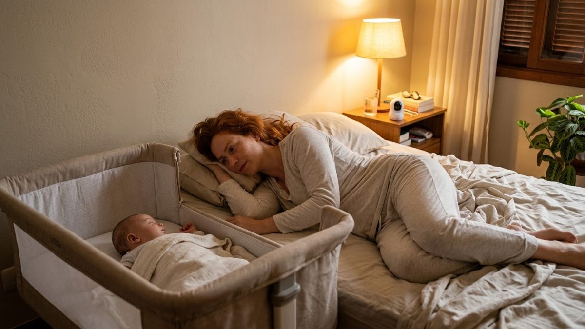 Bebê dormindo tranquilo num berço acoplado à cama dos pais; a mãe deitada olha o bebê, luz noturna suave