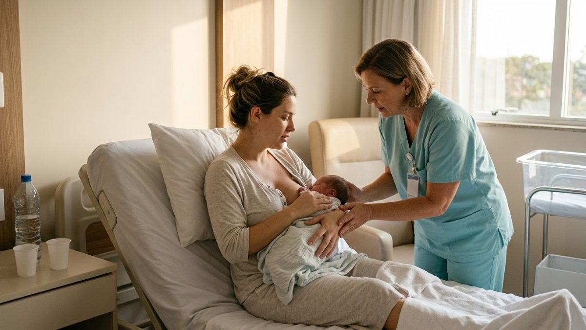 Mãe amamentando o recém-nascido num quarto de hospital claro; uma enfermeira ajuda a ajeitar a posição com cuidado