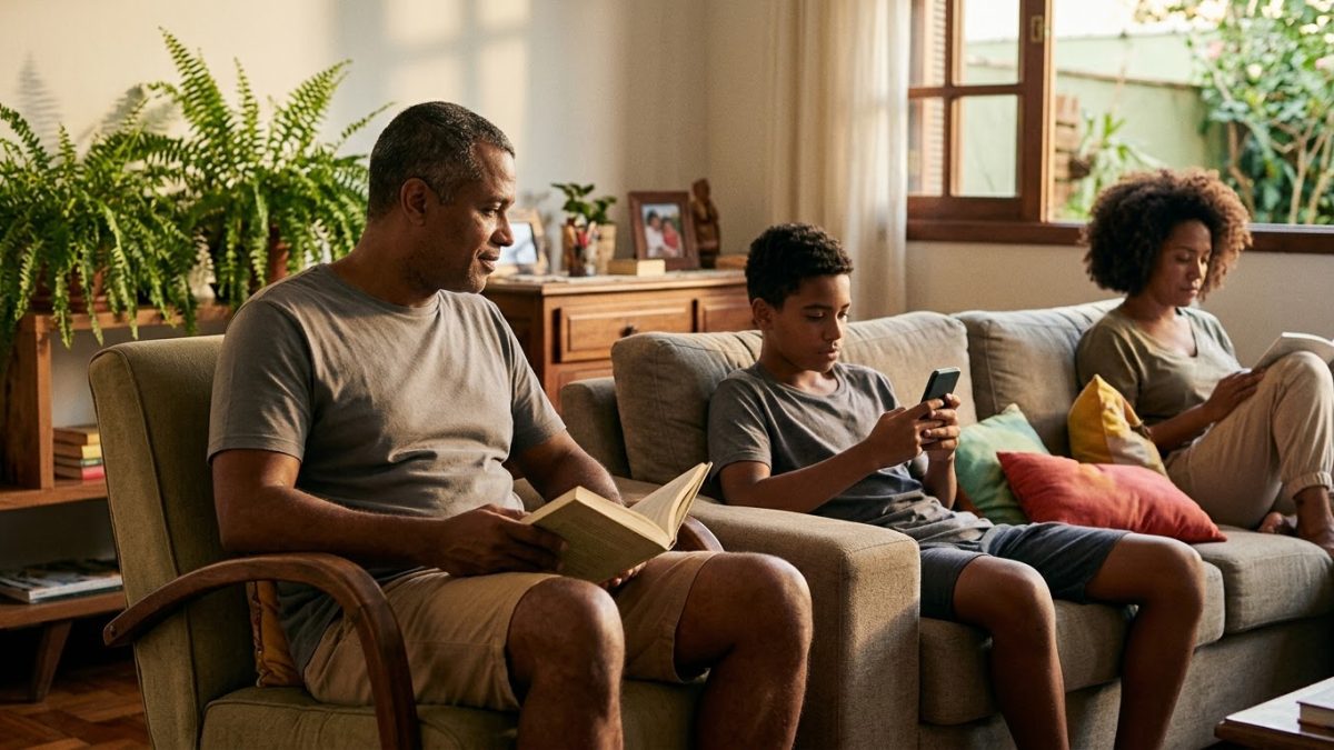 Pai lendo um livro na poltrona enquanto o filho adolescente mexe no celular no sofá ao lado