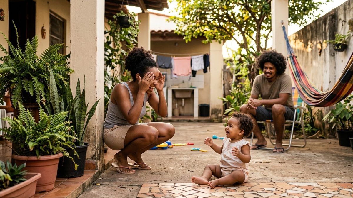 Mãe brincando de esconde-esconde com a filha de 1 ano e meio no quintal, as duas rindo
