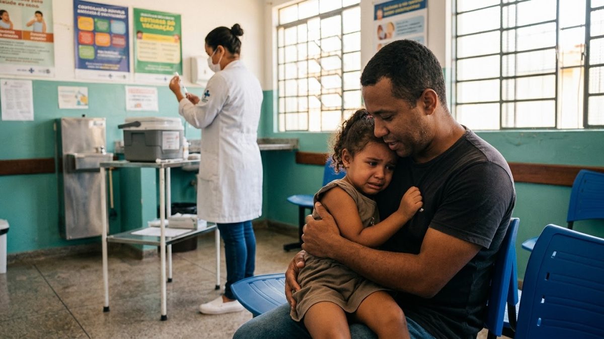 Pai segurando a filha de 4 anos no colo num posto de saúde, ela com medo, e ele conversando com ela enquanto a enfermeira prepara a vacina