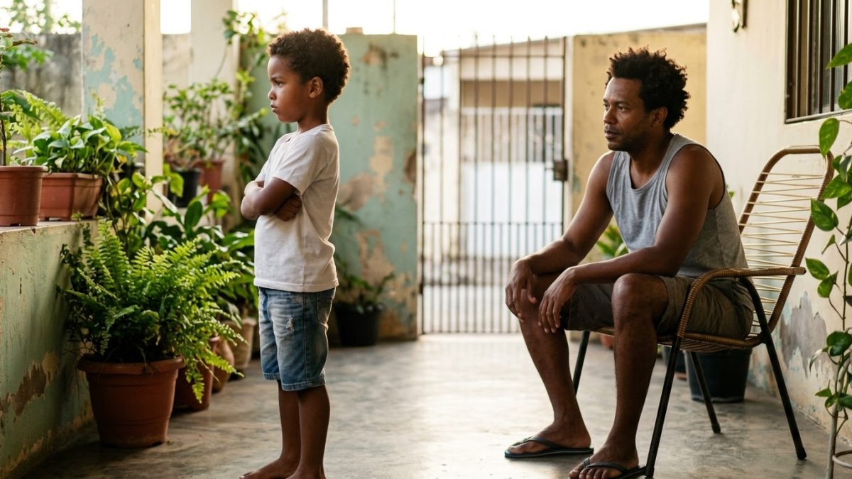 Menino de 7 anos de braços cruzados, virado de costas para o pai, que se senta perto dele com calma, sem se ofender