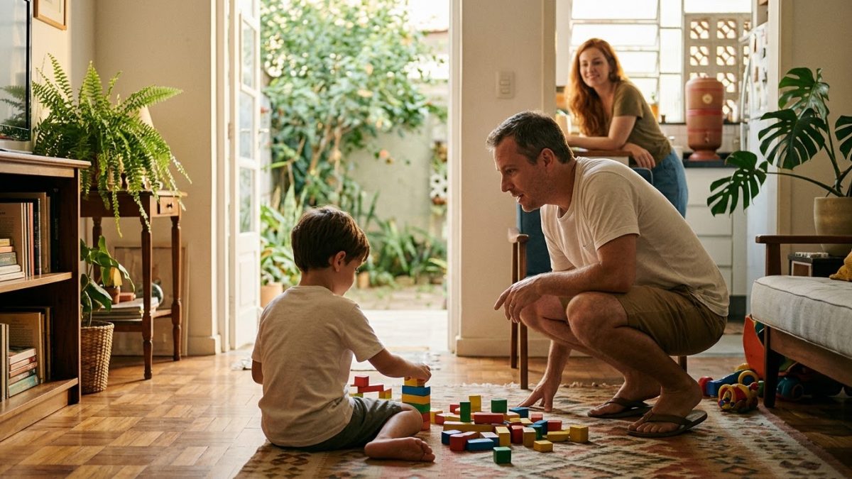 Pai chamando o filho de 6 anos, que está de costas concentrado brincando de blocos