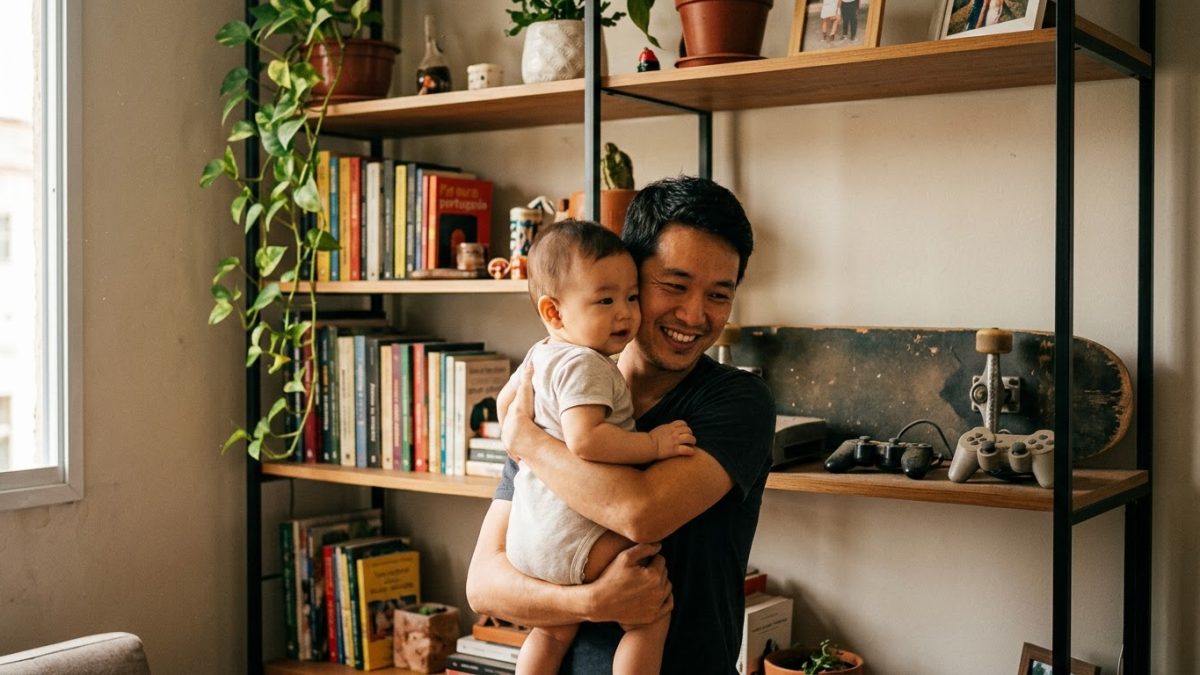 Pai com o bebê no colo, sorrindo, diante de uma estante onde um controle de videogame e um skate antigo estão encostados e empoeirados