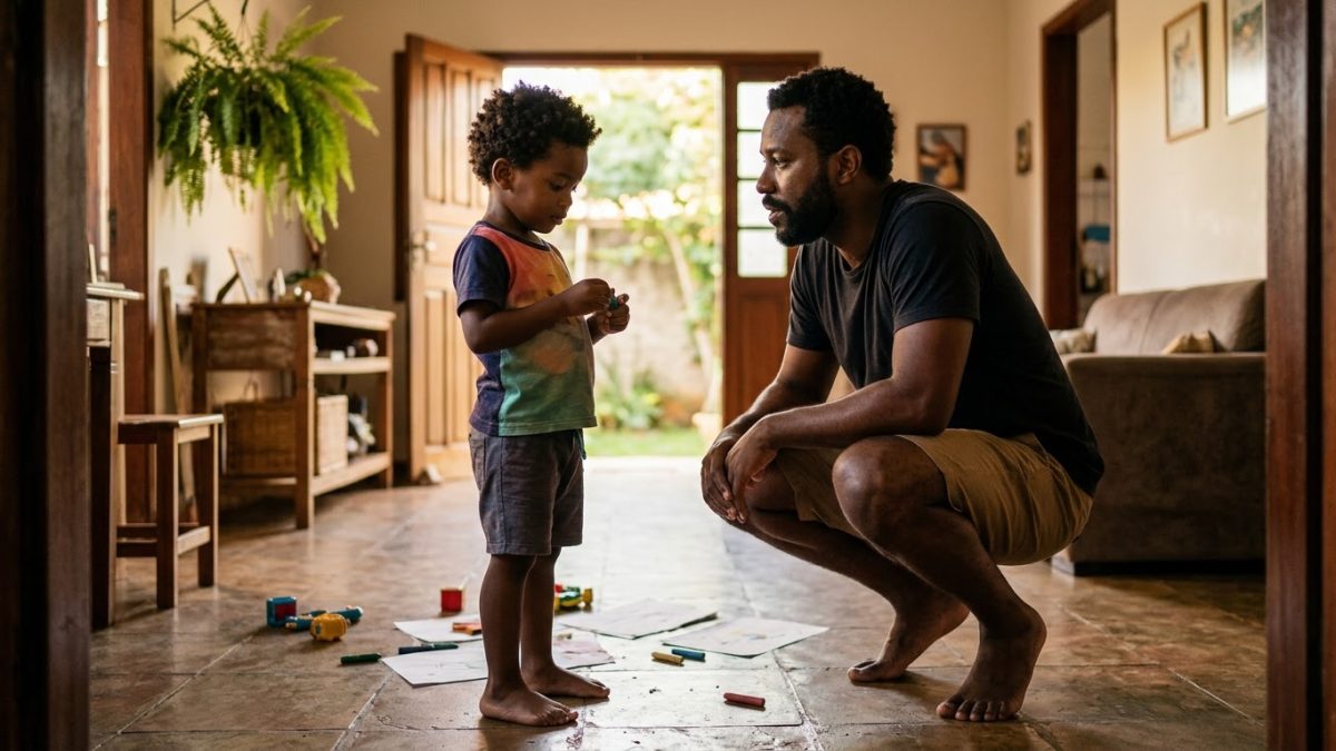Pai ajoelhado em frente ao filho de 4 anos que fez arte, a mão abaixada, respirando fundo e escolhendo conversar em vez de bater