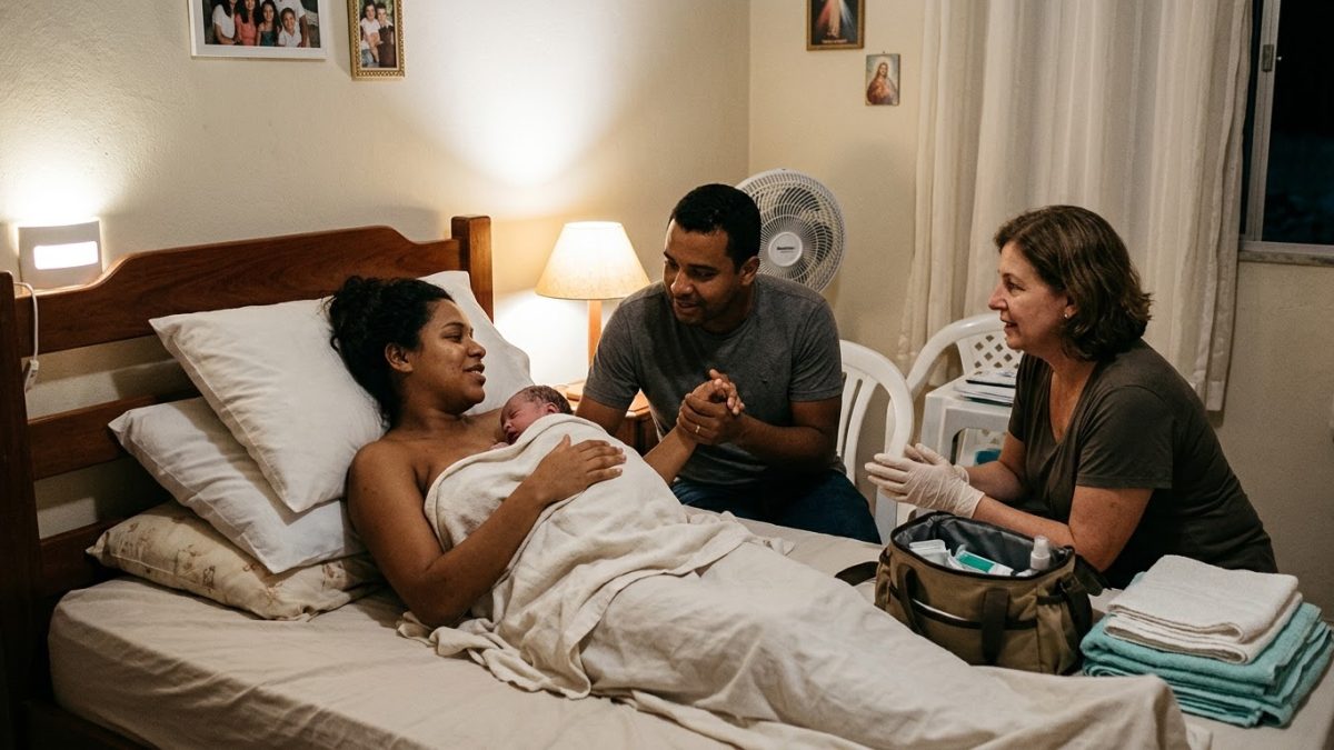 Parteira atende a mãe com o recém-nascido no peito logo depois do parto em casa, com o pai segurando a mão dela
