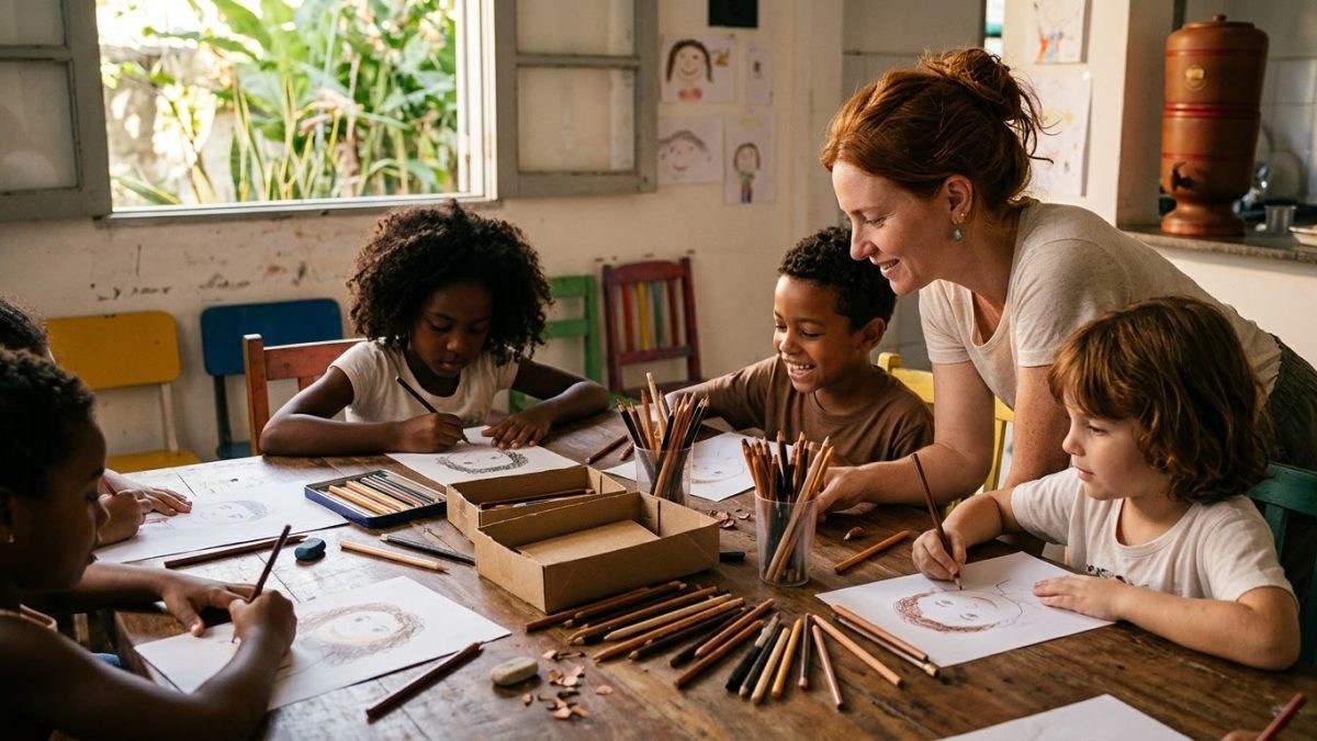 Crianças de diferentes cores de pele desenhando juntas autorretratos com lápis de vários tons de pele, numa mesa da escola