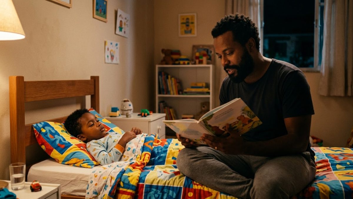 Criança de 4 anos deitada na própria cama nova, com lençol colorido, enquanto o pai, sentado na beirada, lê uma história para ela à noite