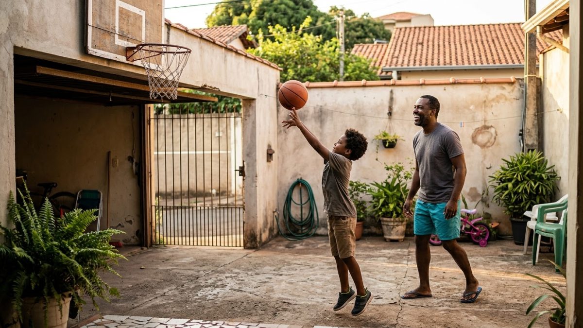 Pai e filho de 9 anos jogando basquete numa cesta presa na garagem de casa, o menino arremessando e o pai rindo