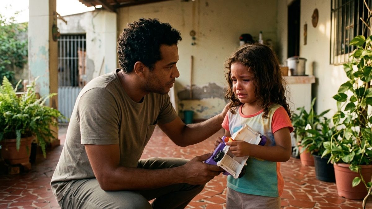Pai agachado na altura da filha de 5 anos, que chora segurando um brinquedo quebrado