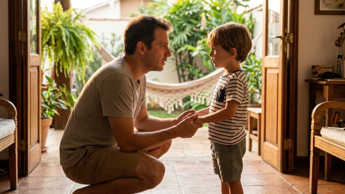 Pai ajoelhado segurando com carinho as duas mãos do filho de 5 anos, olhando nos olhos e conversando, num clima sério e gentil