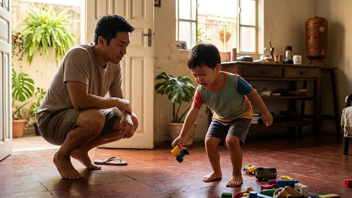 Menino de 5 anos jogando um brinquedo no chão com raiva