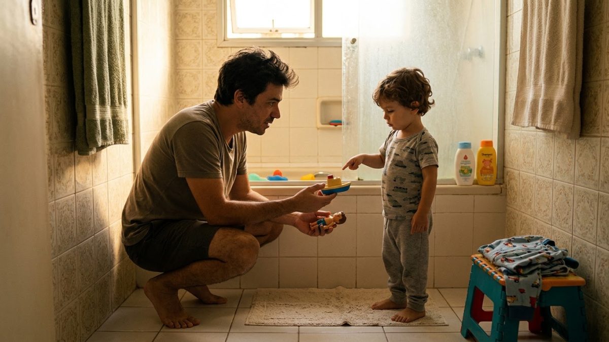 Pai agachado no banheiro oferece um barquinho e um boneco para o filho pequeno escolher antes do banho