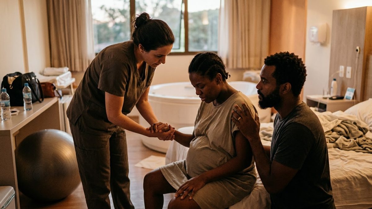 Numa maternidade de parto humanizado, com luz baixa, uma gestante em trabalho de parto é acolhida por uma enfermeira obstetra que segura a mão dela