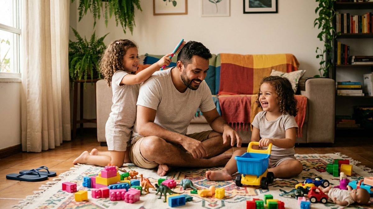 Pai sentado no tapete da sala brinca com as filhas gêmeas pequenas