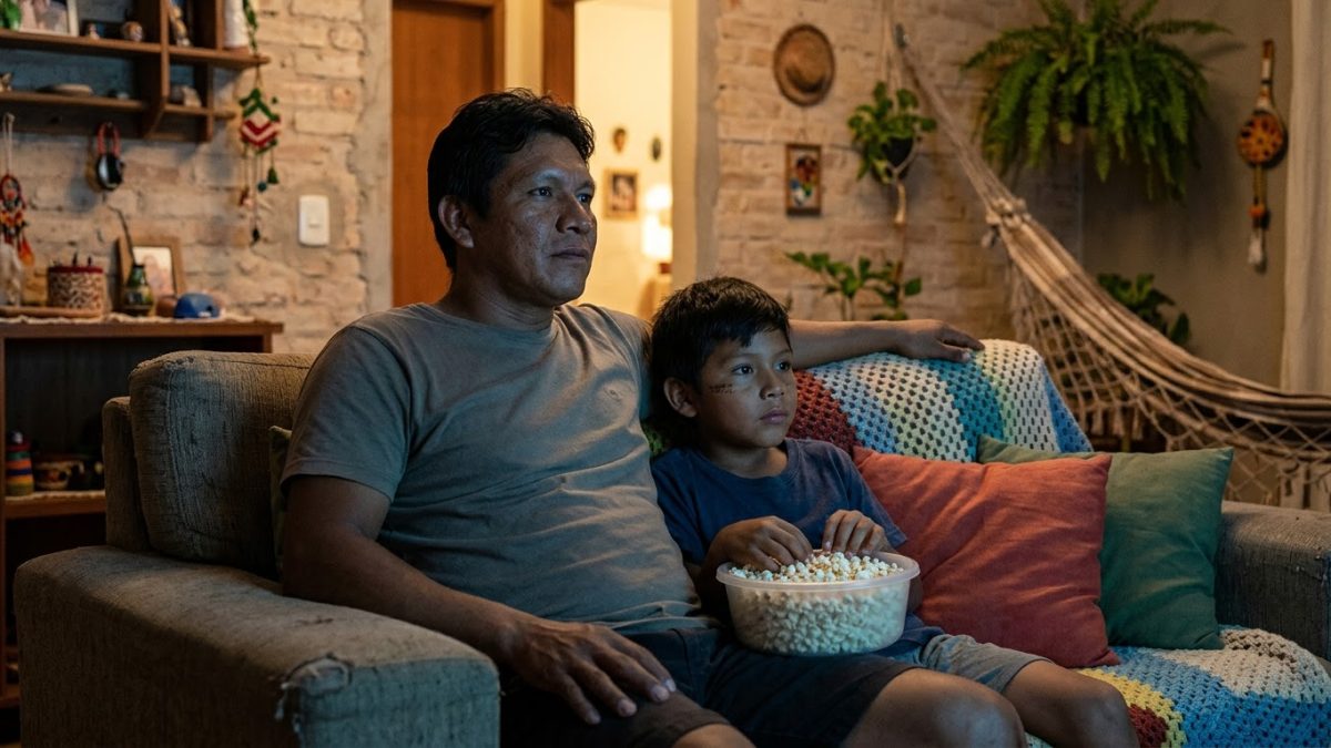 Pai e filho sentados no sofá à noite assistindo a um documentário, iluminados pela luz da TV, com uma tigela de pipoca