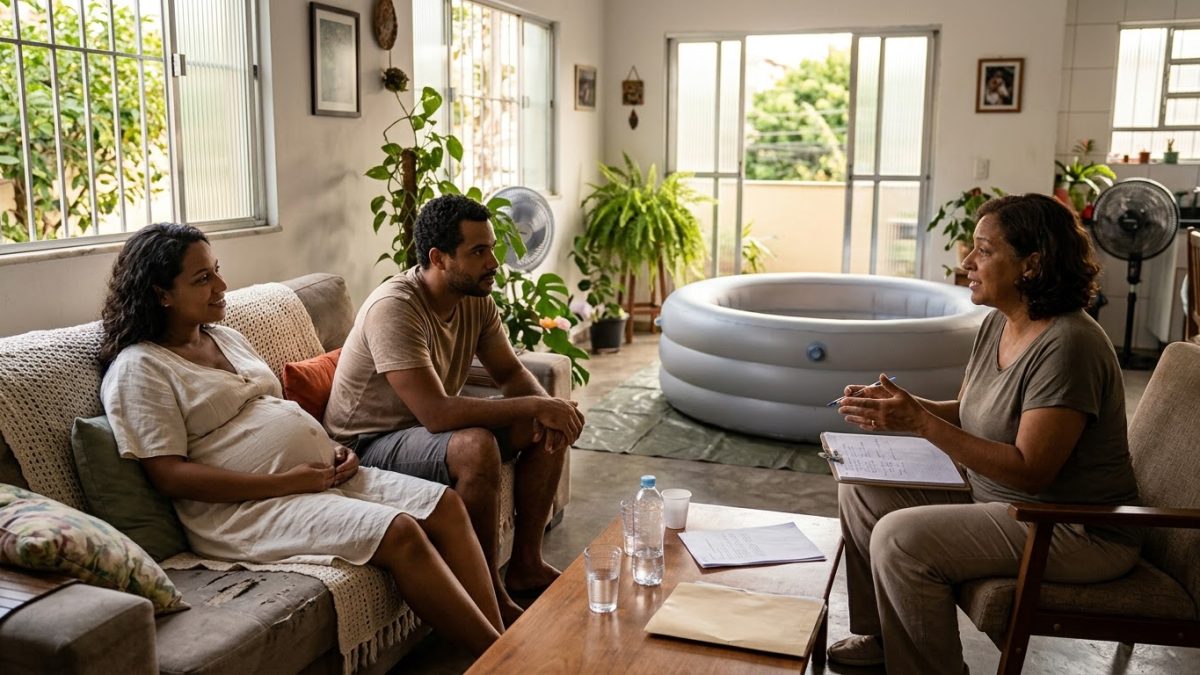 Casal grávido sentado no sofá de casa conversando com uma parteira, que responde às perguntas deles anotadas num caderno
