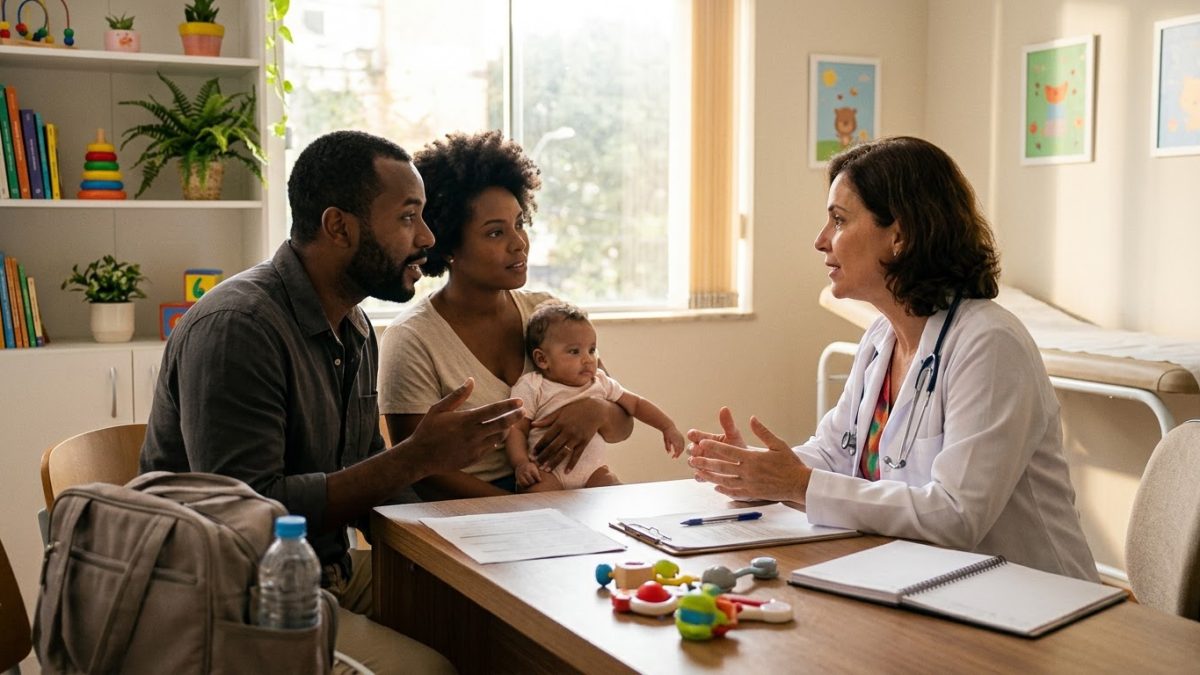 Pai e mãe com o bebê no colo conversando com uma pediatra num consultório claro e acolhedor; os pais fazem perguntas