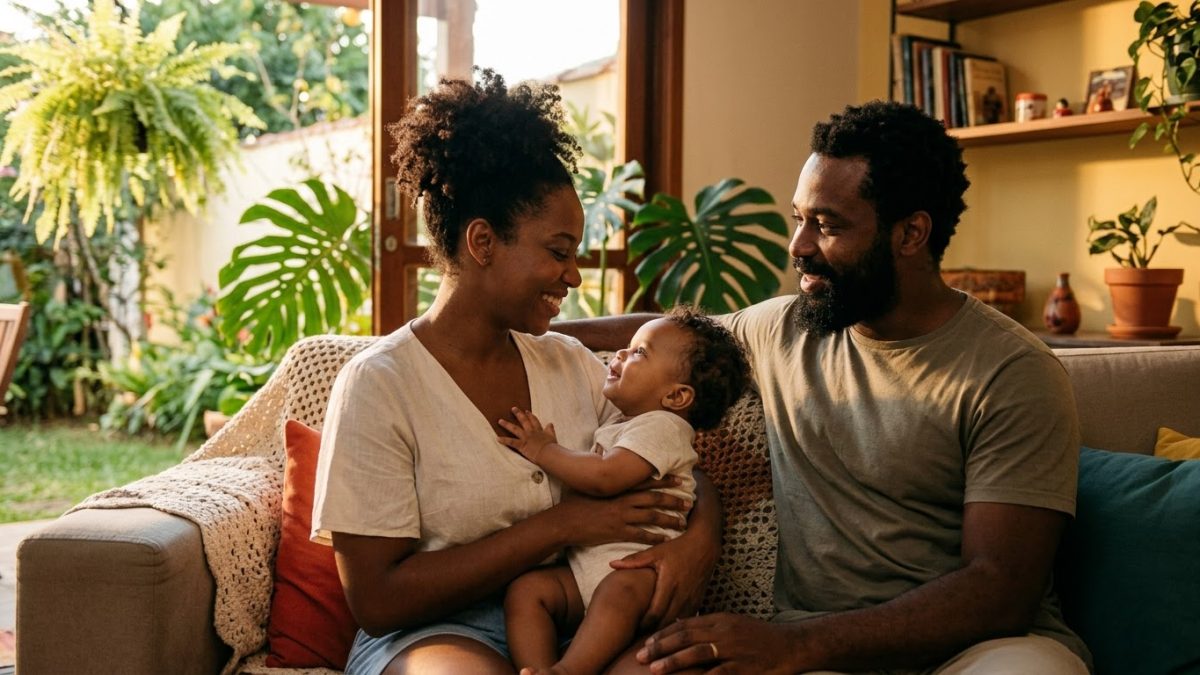 Mãe com o bebê de 8 meses no colo, os dois se olhando nos olhos e sorrindo, numa troca de olhar afetuosa no fim de tarde