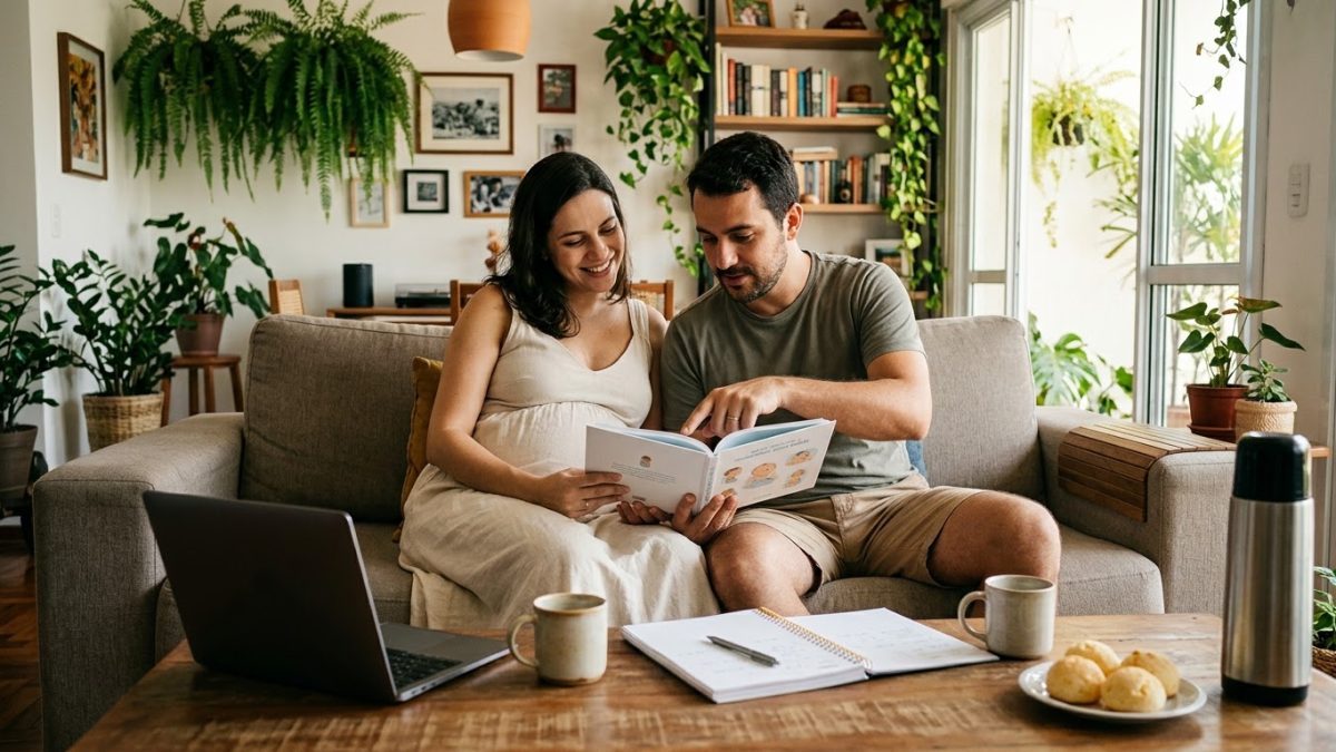 Casal lê junto um livro sobre bebês no sofá durante a gravidez