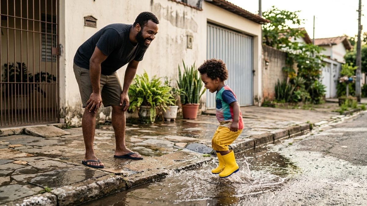 Criança de 2 anos de galocha pulando numa poça d'água na calçada; o pai ri ao lado