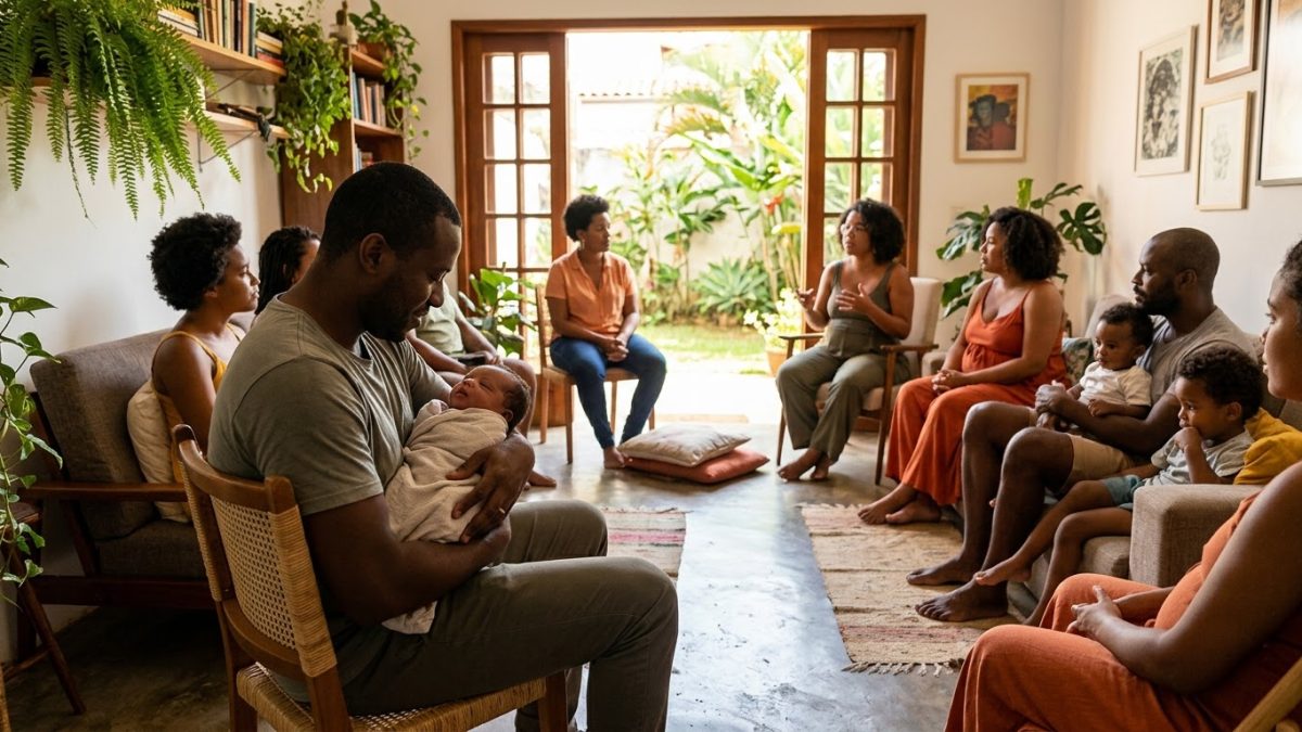 Pai segurando o recém-nascido no colo numa roda de apoio com outros pais e mães sentados em círculo numa sala clara