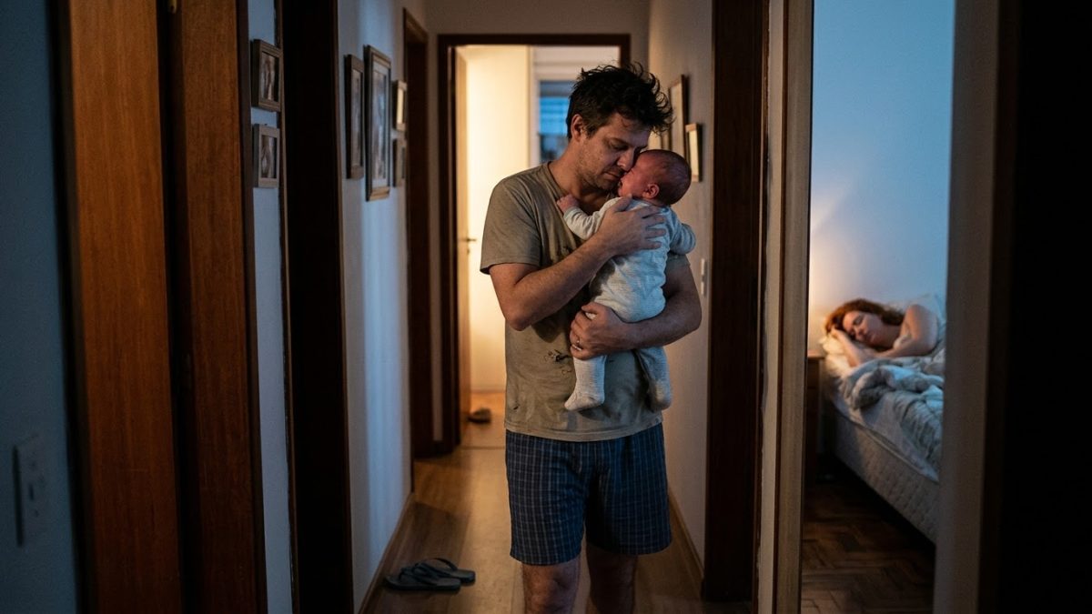 Pai de madrugada andando pelo corredor escuro com o bebê chorando no colo, embalando-o, com cara de cansaço e de carinho
