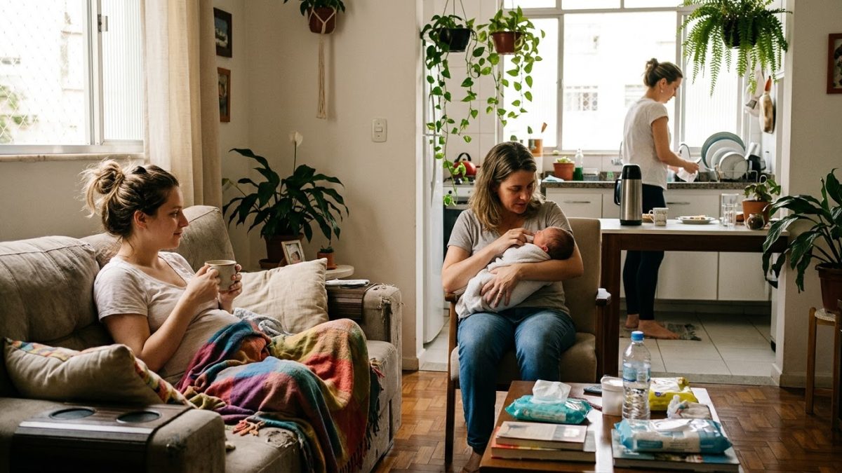 Amigas e família ajudando uma mãe no pós-parto em casa