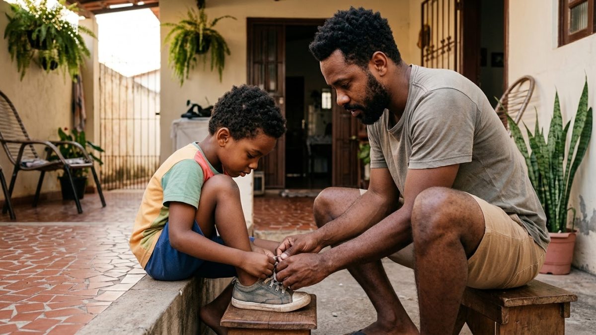 Pai ensinando com paciência o filho de 6 anos a amarrar o cadarço, os dois concentrados nas mãos