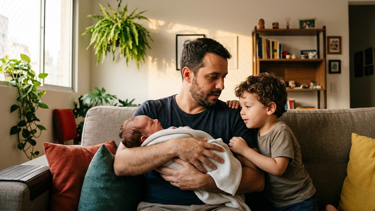 Pai segura o filho recém-nascido no sofá enquanto o irmão mais velho observa o bebê