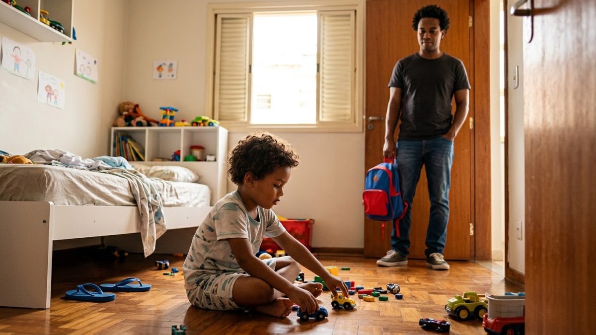 Menino de 5 anos de pijama ainda brincando de carrinho no chão do quarto, enquanto o pai, pronto para sair e com a mochila da escola na mão, espera paciente na porta
