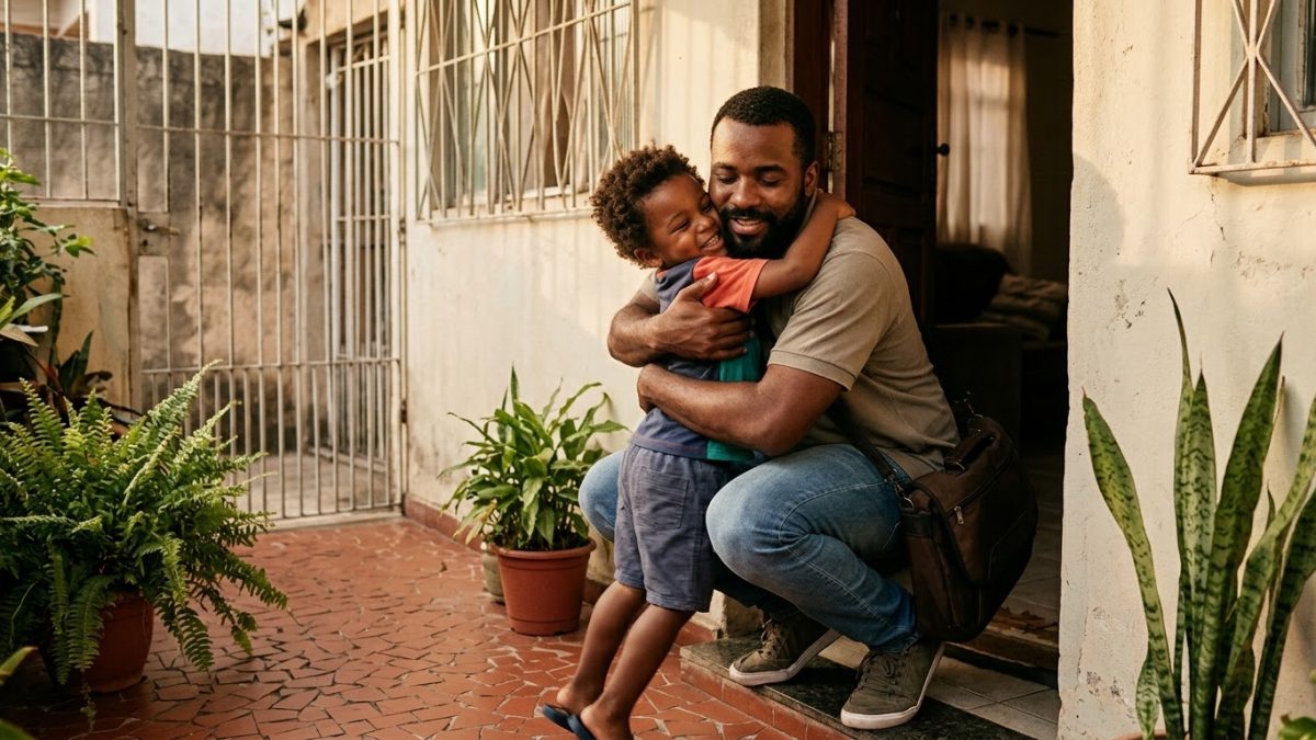Criança de 3 anos correndo para os braços do pai na porta de casa quando ele chega do trabalho, num abraço forte