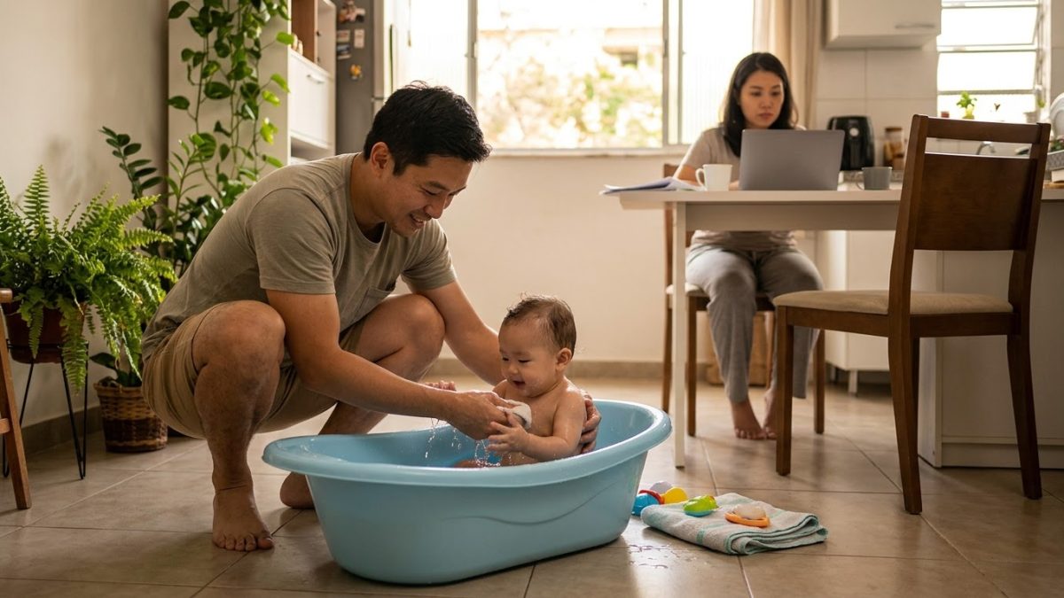 Pai dando banho no bebê numa banheira, enquanto a mãe trabalha no notebook ao fundo