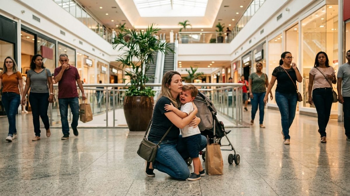 Num shopping, a mãe acolhe o filho em birra enquanto pessoas ao redor olham com julgamento