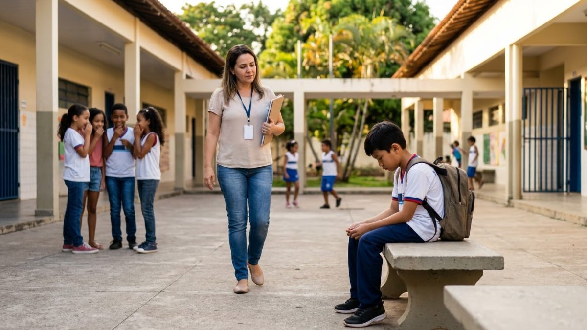 No pátio da escola, um grupo de crianças cochicha e ri de um menino sozinho
