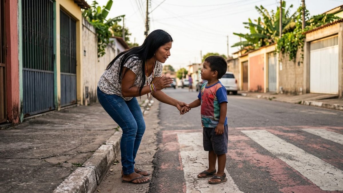 Mãe segura com firmeza e carinho a mão do filho de 3 anos na calçada antes de atravessar a rua, explicando algo
