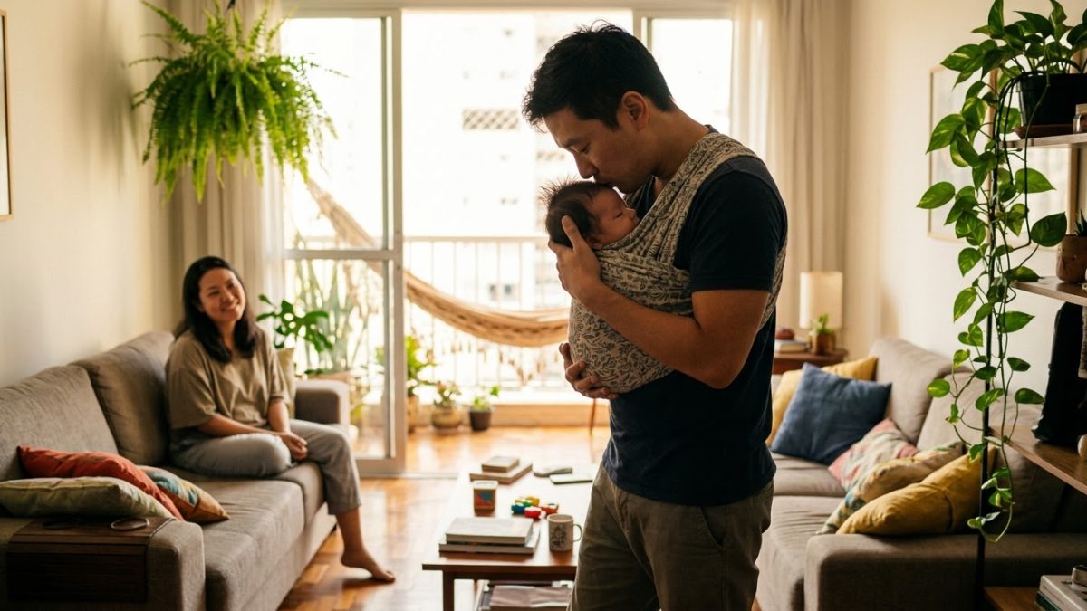 Pai caminhando pela sala com um bebê num sling de tecido, beijando a cabeça do bebê; a mãe sorri ao fundo