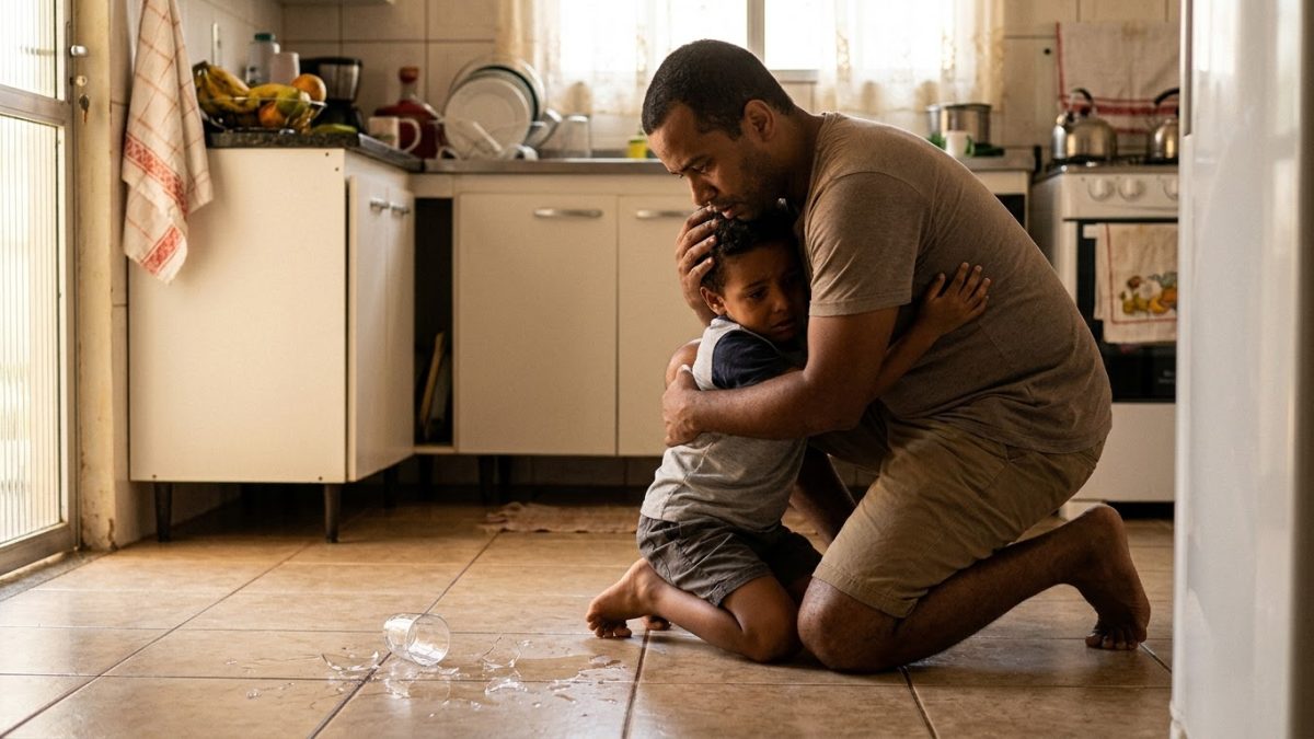 Pai abraçando o filho de 6 anos que acabou de quebrar um copo na cozinha, com os cacos no chão
