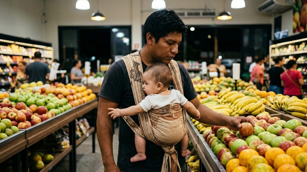Pai no supermercado à noite com o bebê no carregador de pano no peito, escolhendo frutas