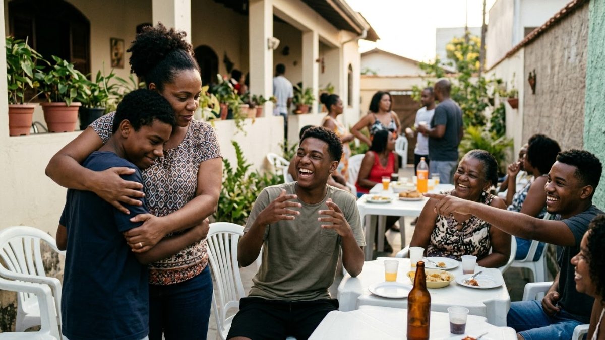 Numa festa de família, parentes apontam para dois irmãos, um tímido e outro expansivo, como se os rotulassem