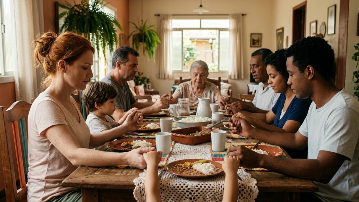 Mãos de pessoas de várias idades e cores, adultos e crianças, dadas em volta de uma mesa de jantar em família