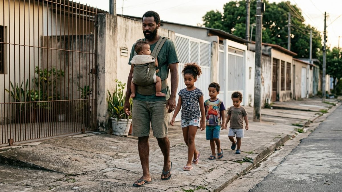 Pai andando na calçada com três filhos em fila atrás dele, como patinhos, e o menor no carregador no peito