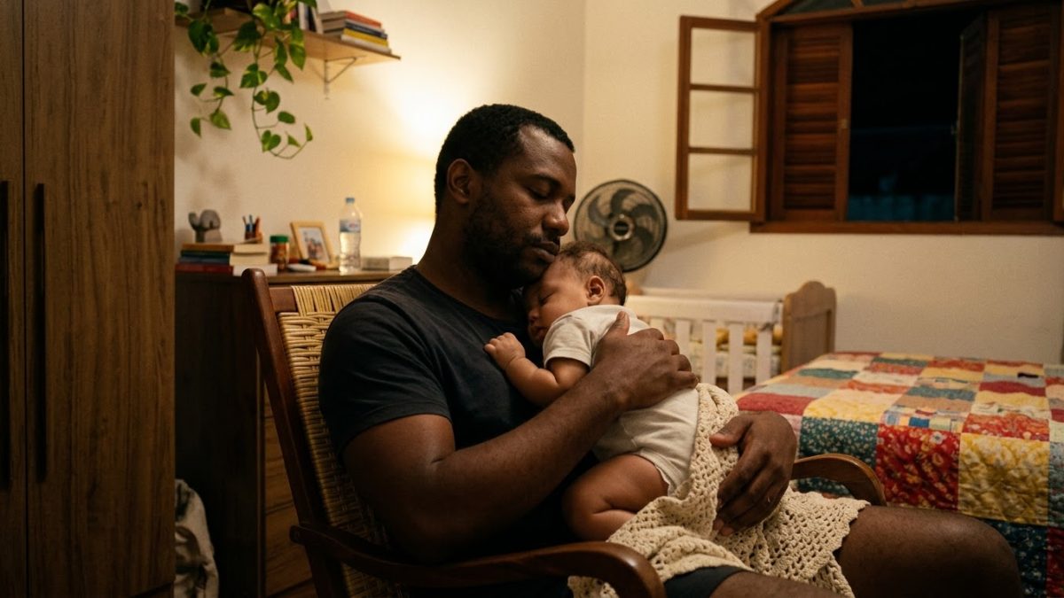 Bebê dormindo no colo do pai numa cadeira de balanço no quarto, à luz noturna