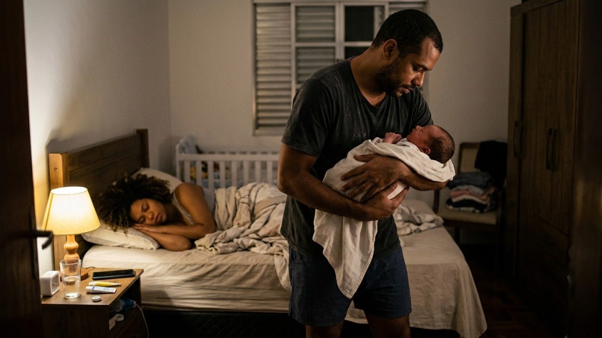 De madrugada, o pai embala o bebê para dormir no quarto escuro, à luz de um abajur, enquanto a mãe descansa na cama ao fundo